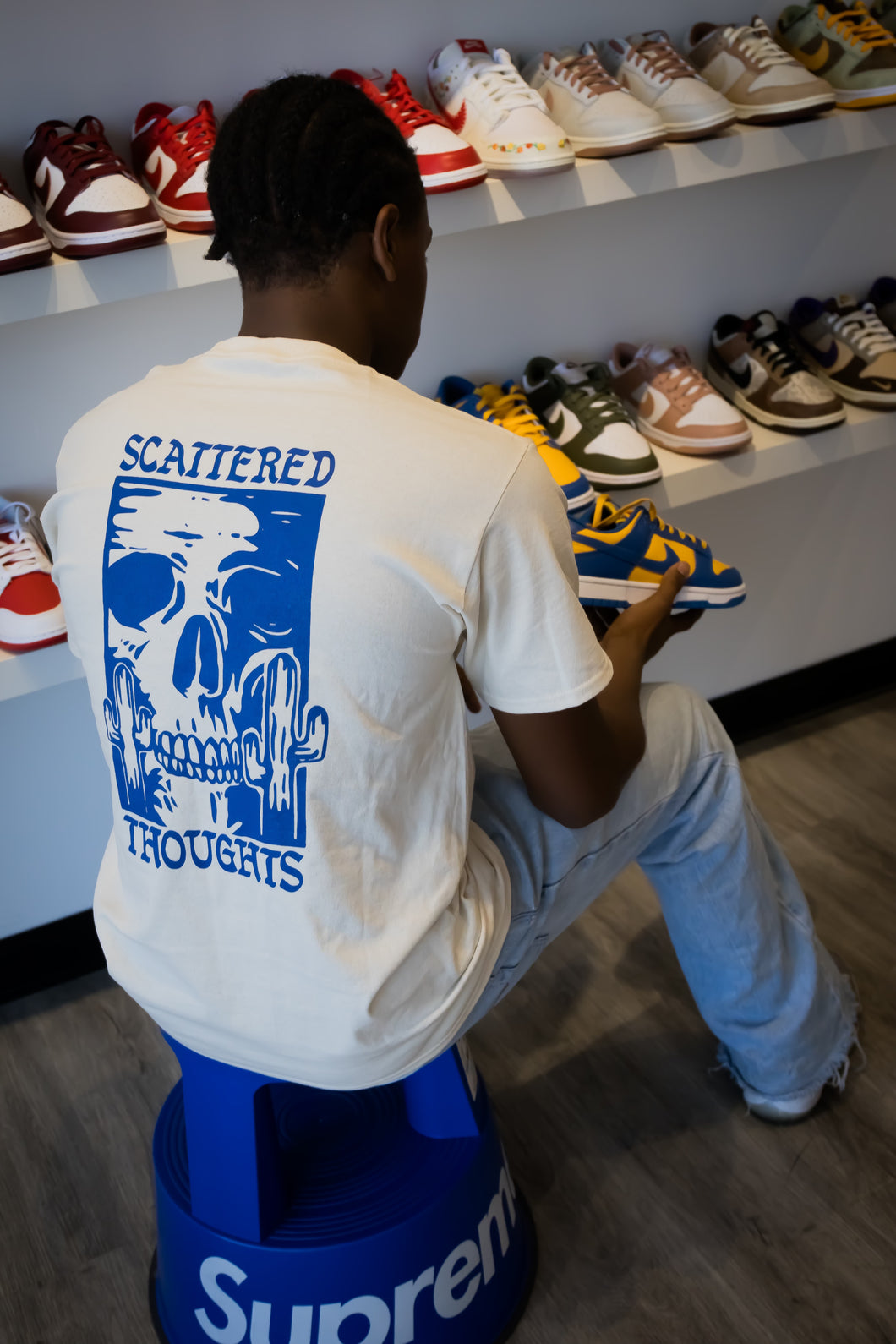 Scattered Thoughts “ Cream Tees” Royal Blue print